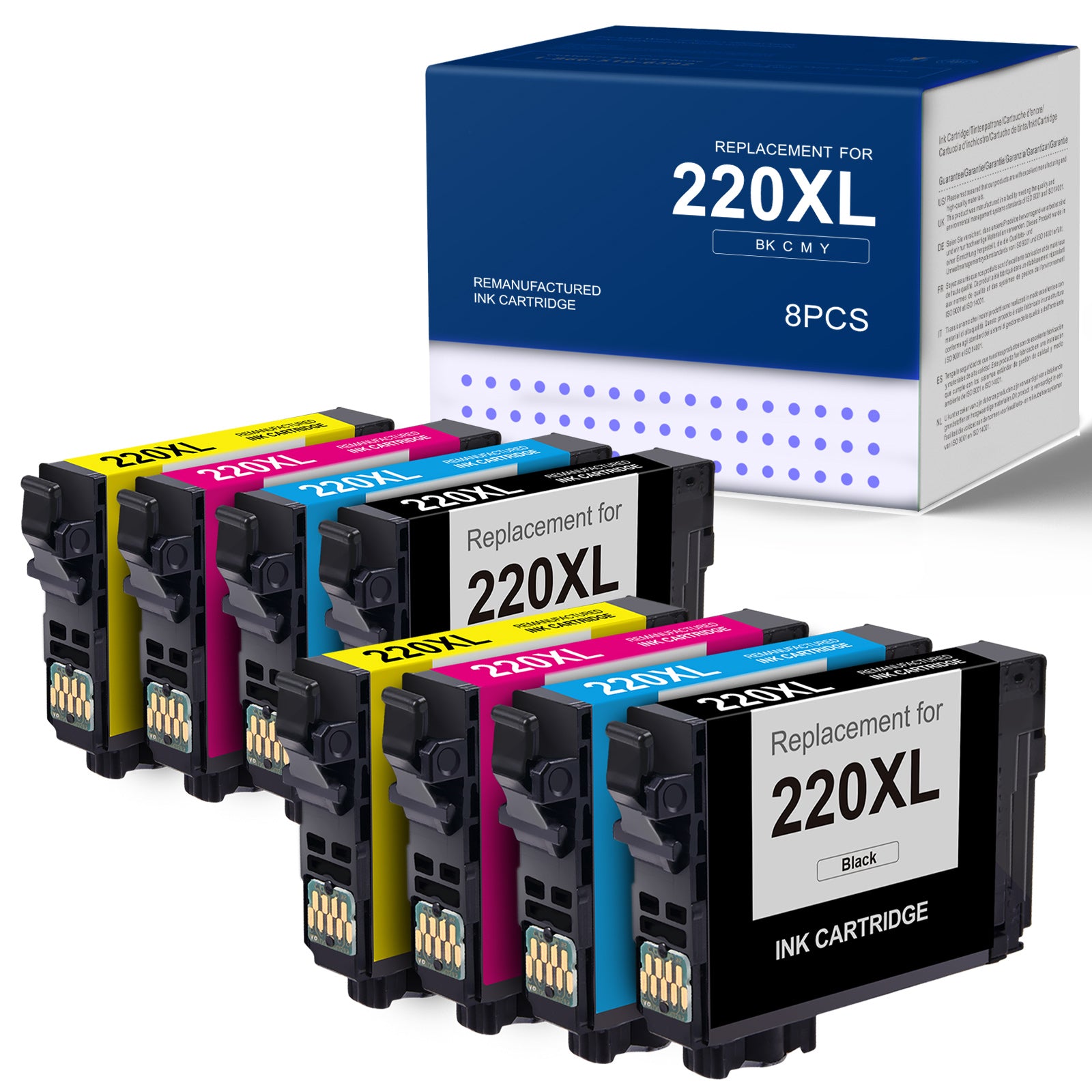 Remanufactured Epson 220XL Ink Cartridge (2 Black, 2 Cyan, 2 Magenta, 2 Yellow, 8 Pack)