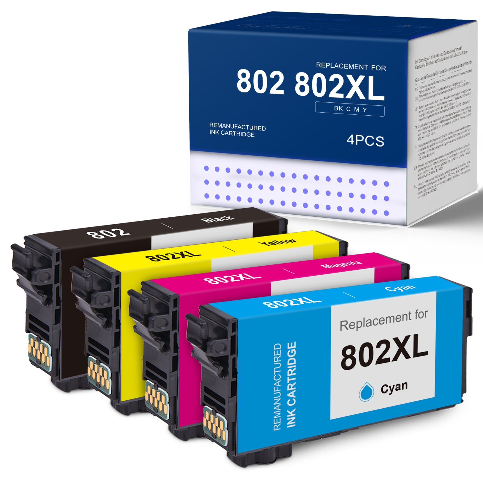 Linford Remanufactured Epson 802 Ink Cartridges 802XL T802XL High Yield (Black Cyan Magenta Yellow, 4 Pack)
