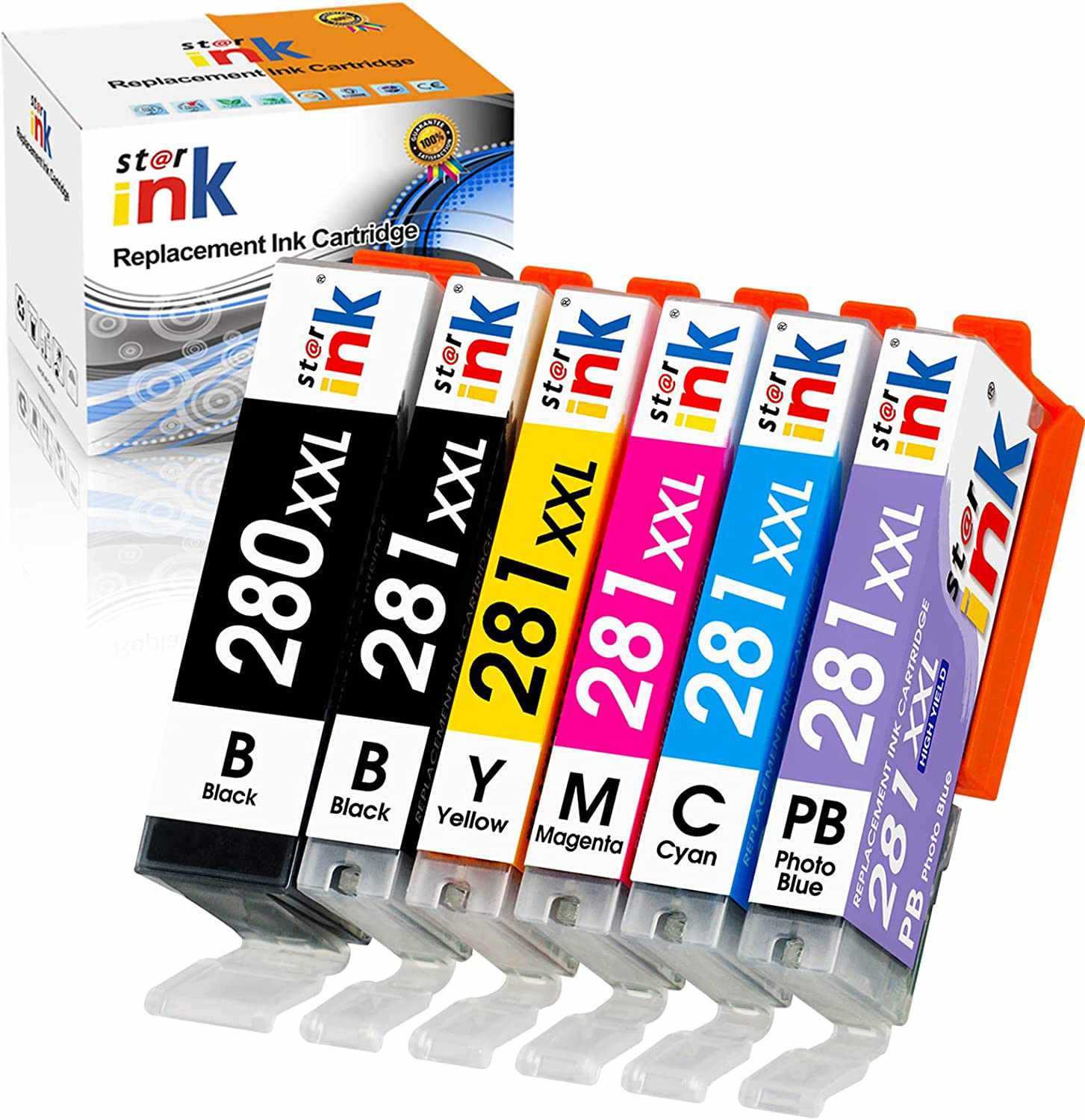 Compatible Canon PGI-280XXL CLI-281XXL Ink Cartridge , 6-Pack (PGBK, Black, Cyan, Magenta, Yellow, Photo Blue） - Linford Office:Printer Ink & Toner Cartridge