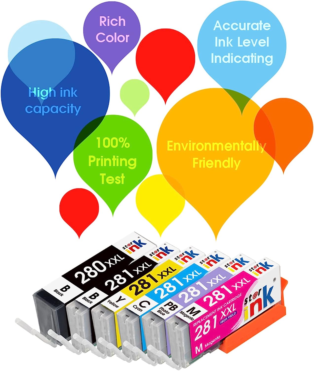 Compatible Canon PGI-280XXL CLI-281XXL Ink Cartridge , 6-Pack (PGBK, Black, Cyan, Magenta, Yellow, Photo Blue） - Linford Office:Printer Ink & Toner Cartridge