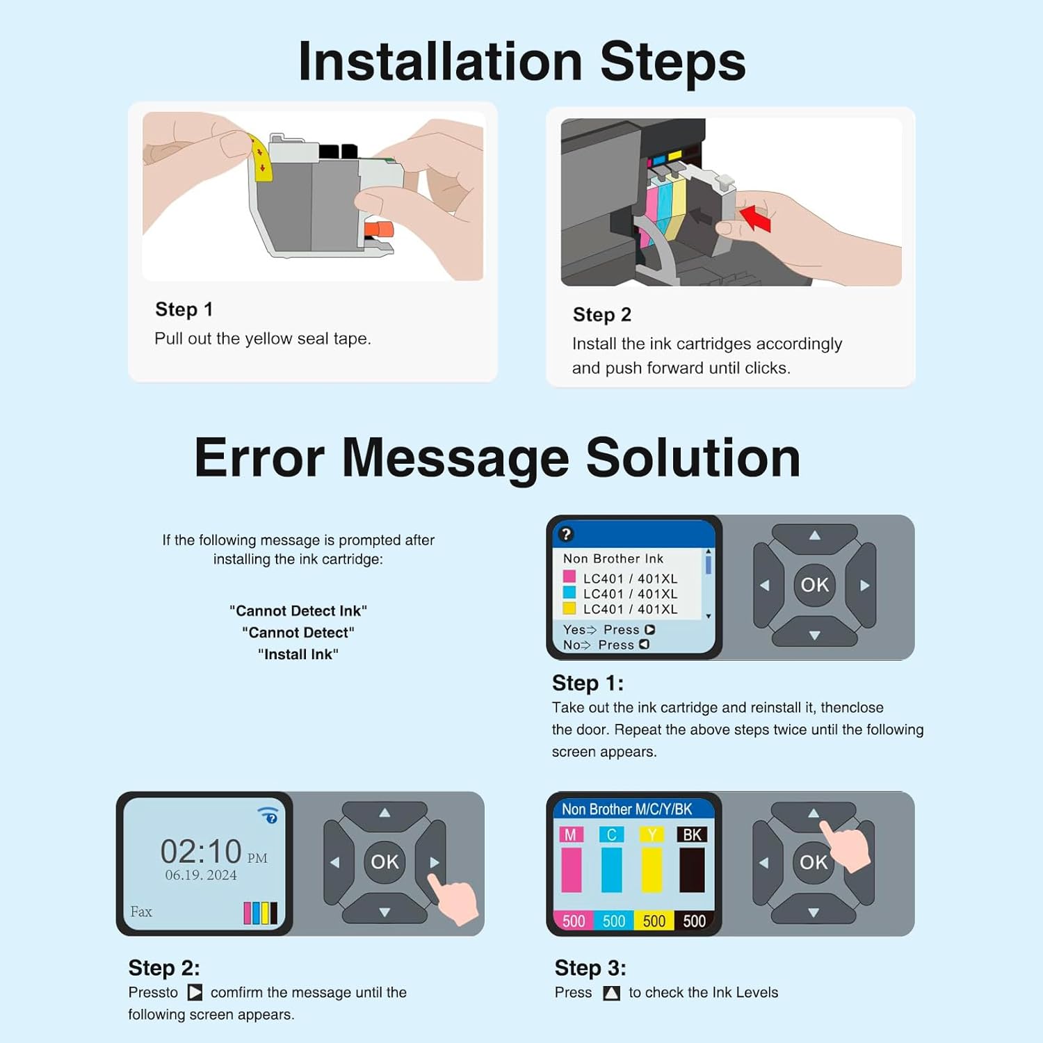LC401XL Ink Cartridges 4 Pack Compatible Brother-High Yield-500 Pages