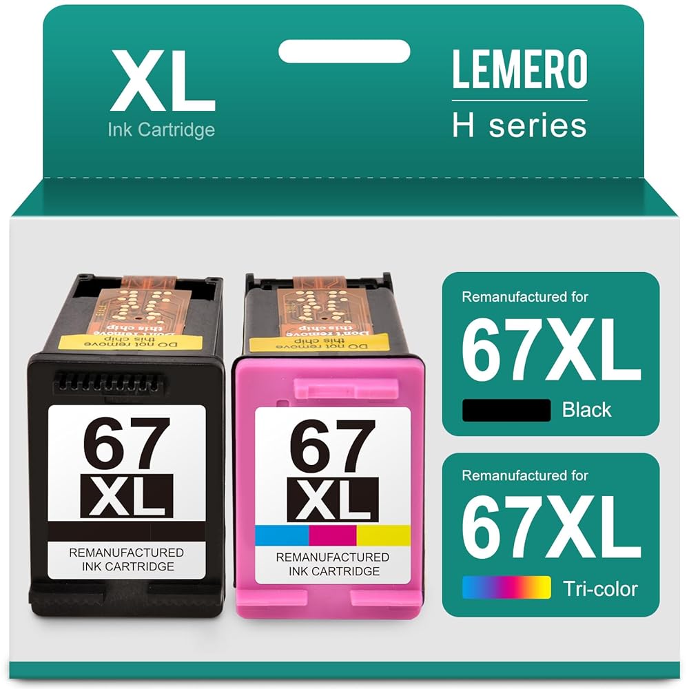 LEMERO 67XL Ink Cartridges Combo Pack Remanufactured for HP Printer (1 Black, 1 Tri-Color) - Linford Office:Printer Ink & Toner Cartridge