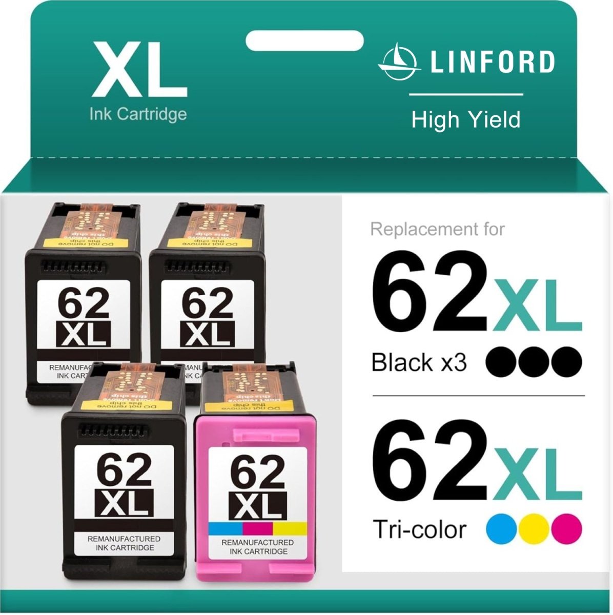 Remanufactured HP 62XL Ink Combo High Yield (3 Black, 1 Tri-Color) - Linford Office:Printer Ink & Toner Cartridge