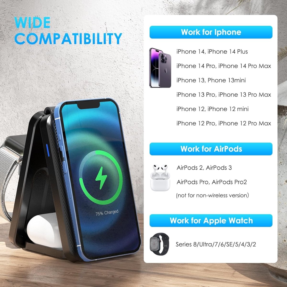 3 in 1 Wireless Charging Station Fits for Magsafe Charger, KIXUNY Wireless Charger 3 in 1, Foldable Travel Charger for Multiple Devices for iPhone 15/14/13/12/Apple Watch/AirPods/(Adapter Included) - Linford Office:Printer Ink & Toner Cartridge