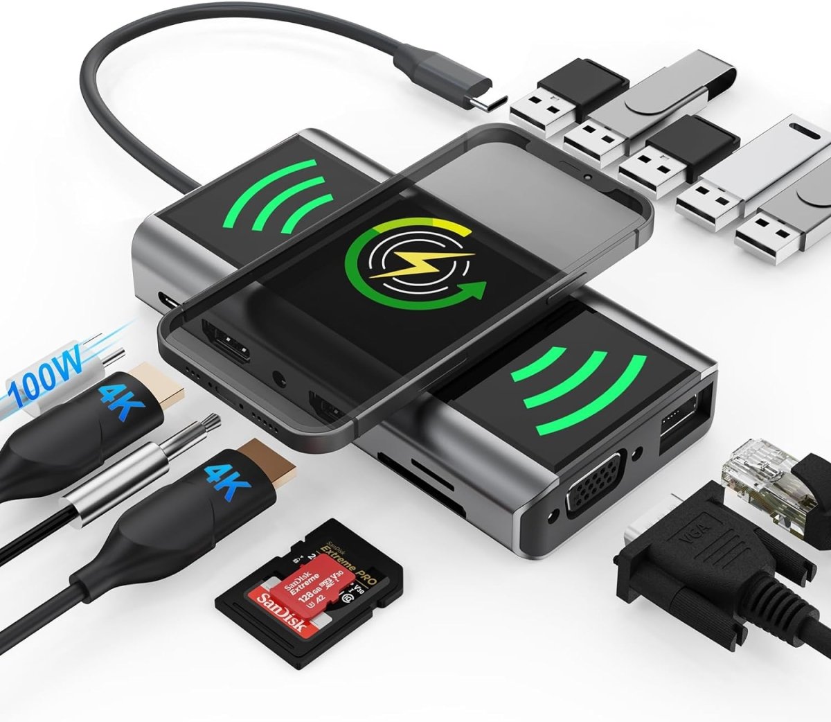 Kixuny USB C Docking Station Dual Monitor, 14-in-1 Triple Display Laptop Docking Station with Wireless Charging+2 HDMI 4K+VGA+Ethernet+100W PD+SD/TF+Audio+5 USB Work for Dell/HP/Lenovo Computer - Linford Office:Printer Ink & Toner Cartridge