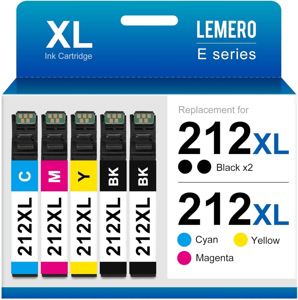 Remanufactured Epson 212 Ink Cartridges XL 5-Pack - High Capacity: 2 B