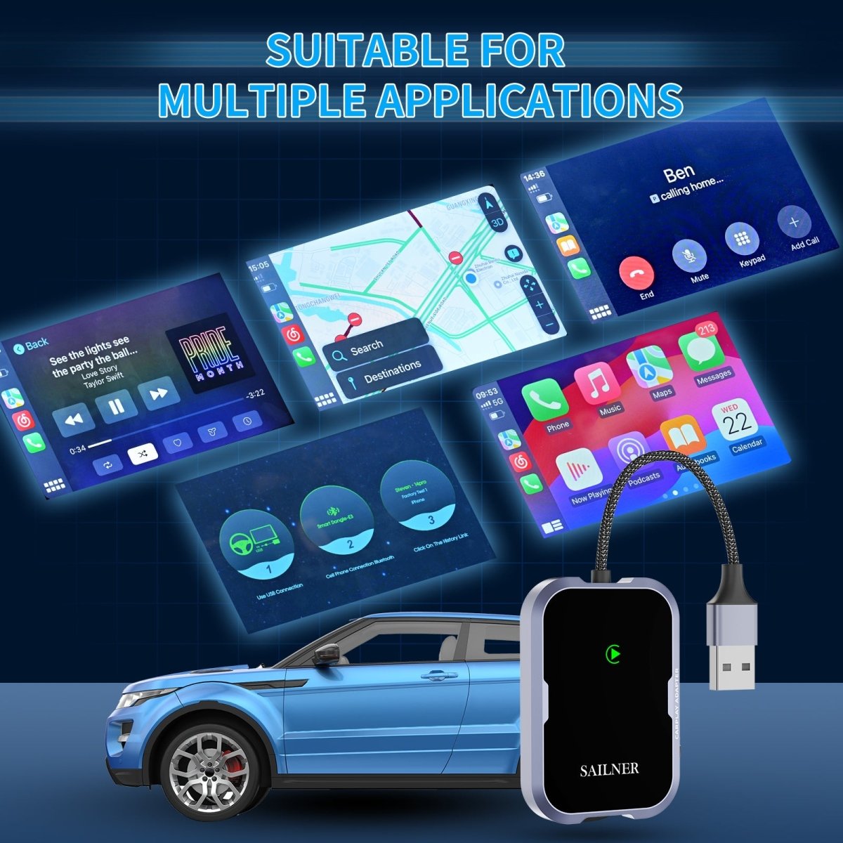 SAILNER Wireless CarPlay Adapter - Convert Wired Apple CarPlay to Wireless, Compatible with iPhone, Suitable for Various Car Models - Linford Office:Printer Ink & Toner Cartridge