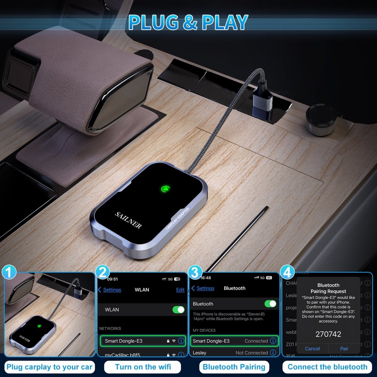 SAILNER Wireless CarPlay Adapter - Convert Wired Apple CarPlay to Wireless, Compatible with iPhone, Suitable for Various Car Models - Linford Office:Printer Ink & Toner Cartridge