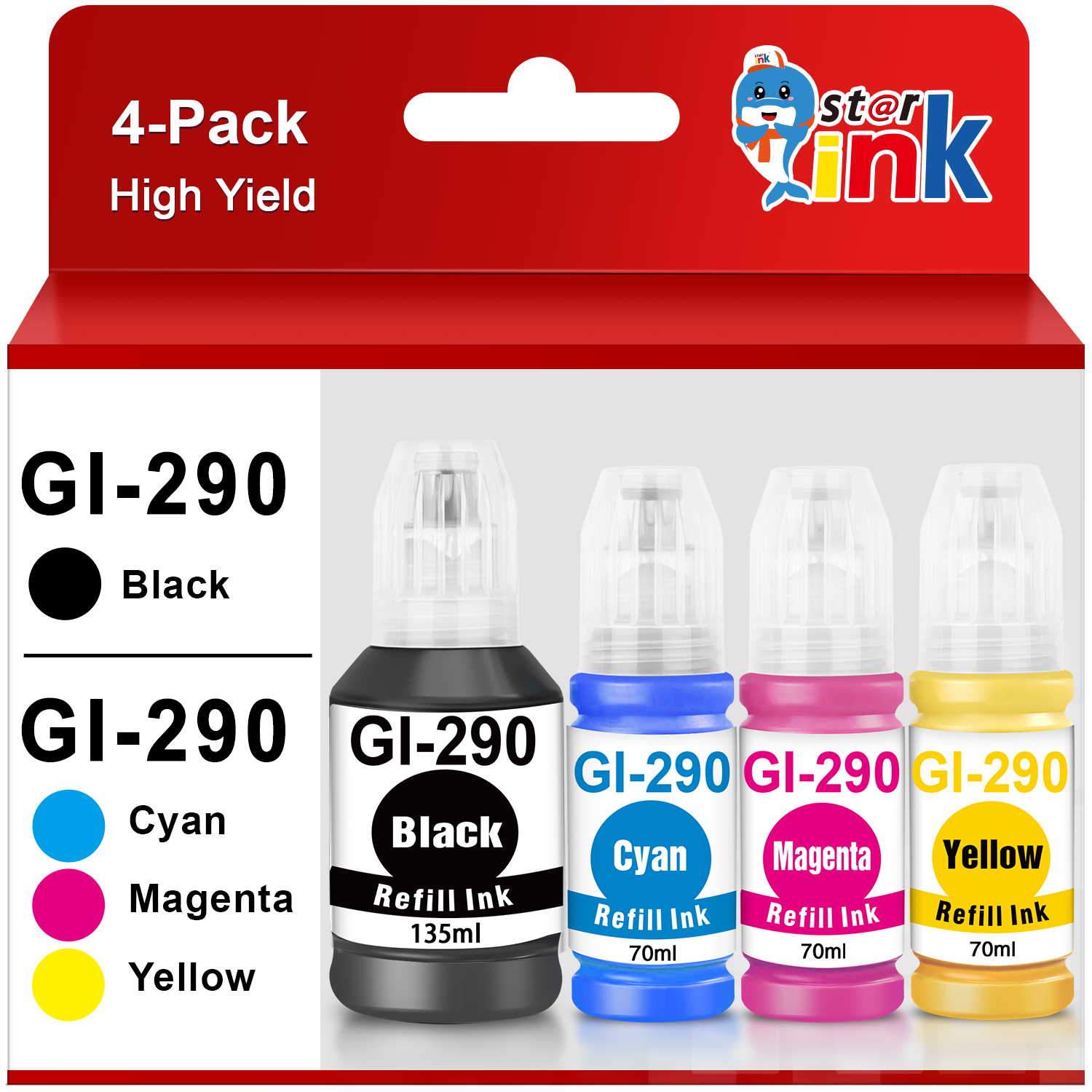 Starink Compatible Canon 290 GI-290 Refill Ink Bottle (4-Pack Black Cyan Magenta Yellow)