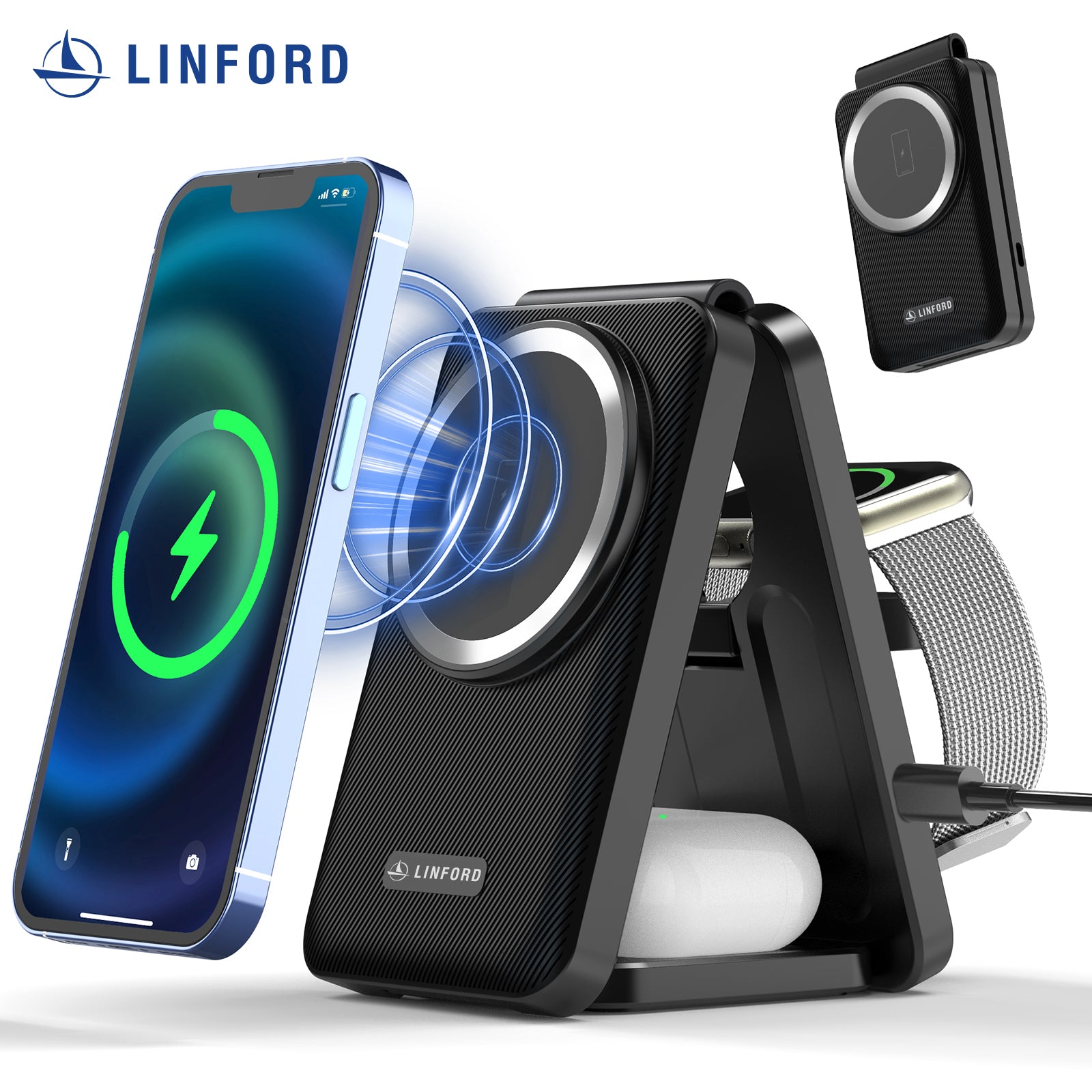 Linford 3 in 1 Wireless Charging Station Fits for Magsafe Charger, Wireless Charger 3 in 1, Foldable Travel Charger for Multiple Devices for iPhone 15/14/13/12/Apple Watch/AirPods/(Adapter Included)