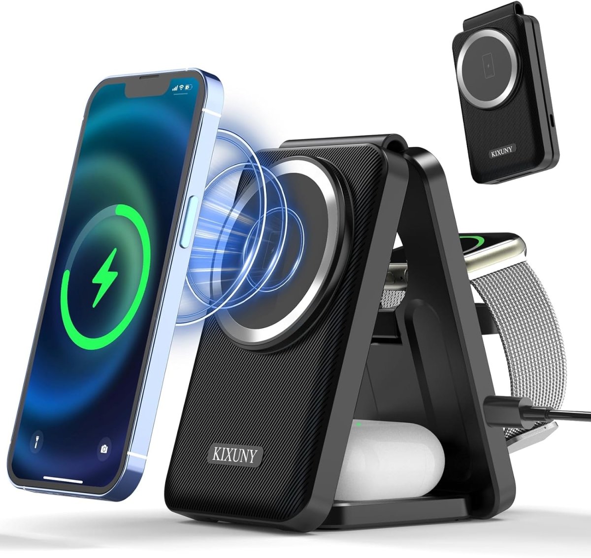 3 in 1 Wireless Charging Station Fits for Magsafe Charger, KIXUNY Wireless Charger 3 in 1, Foldable Travel Charger for Multiple Devices for iPhone 15/14/13/12/Apple Watch/AirPods/(Adapter Included) - Linford Office:Printer Ink & Toner Cartridge