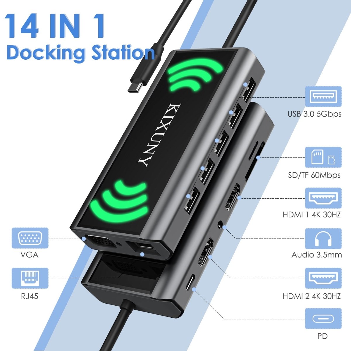 Kixuny USB C Docking Station Dual Monitor, 14-in-1 Triple Display Laptop Docking Station with Wireless Charging+2 HDMI 4K+VGA+Ethernet+100W PD+SD/TF+Audio+5 USB Work for Dell/HP/Lenovo Computer - Linford Office:Printer Ink & Toner Cartridge