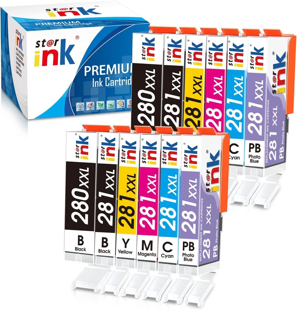 PGI-280XXL CLI-281XXL Canon Compatible Ink Cartridges（PGBK, Black, Cyan, Magenta, Yellow, Photo Blue） 12-Pack - Linford Office:Printer Ink & Toner Cartridge