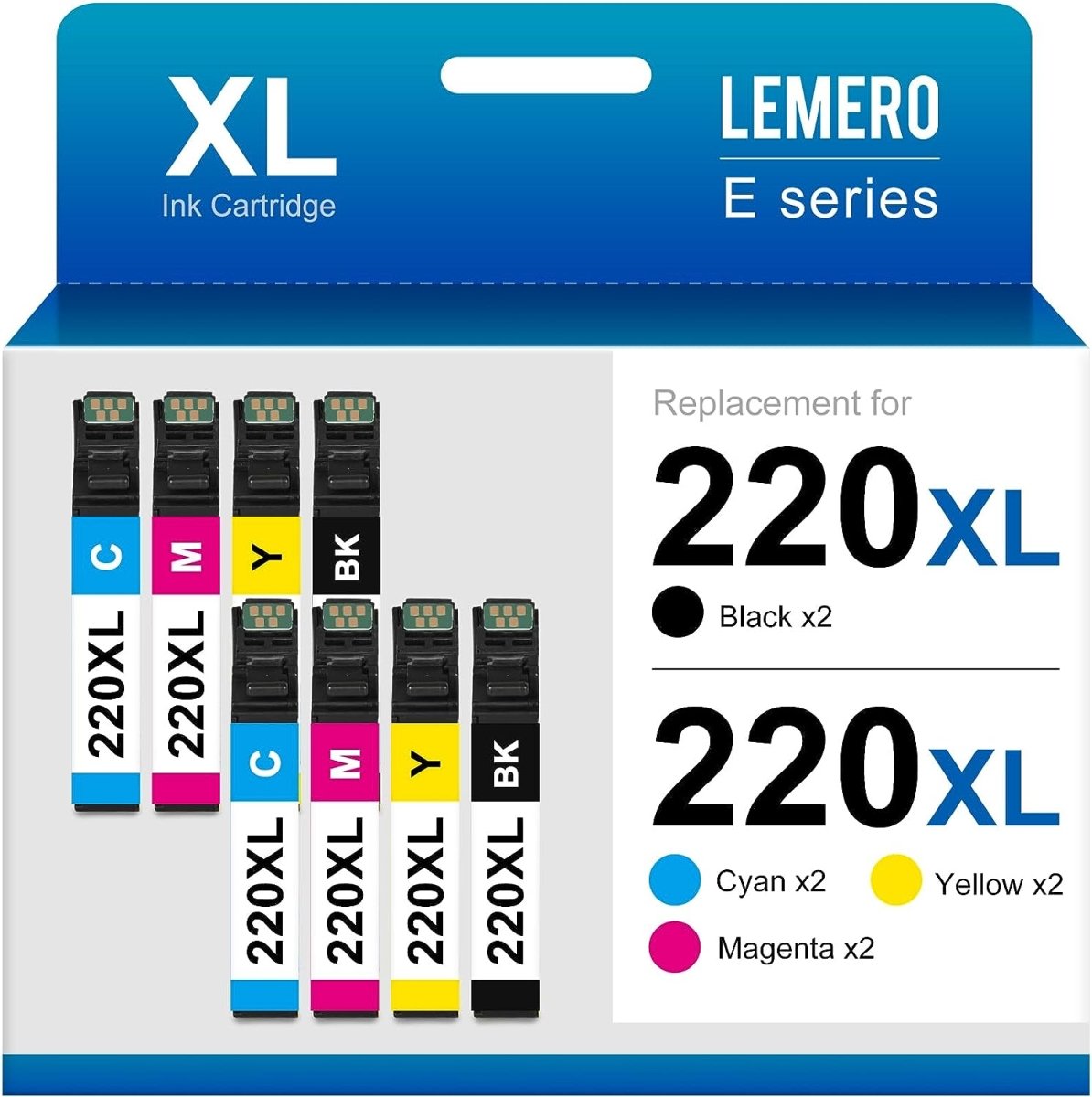 LEMERO Remanufactured Epson 220XL Ink Cartridge (2 Black, 2 Cyan, 2 Magenta, 2 Yellow, 8 Pack) - Linford Office:Printer Ink & Toner Cartridge