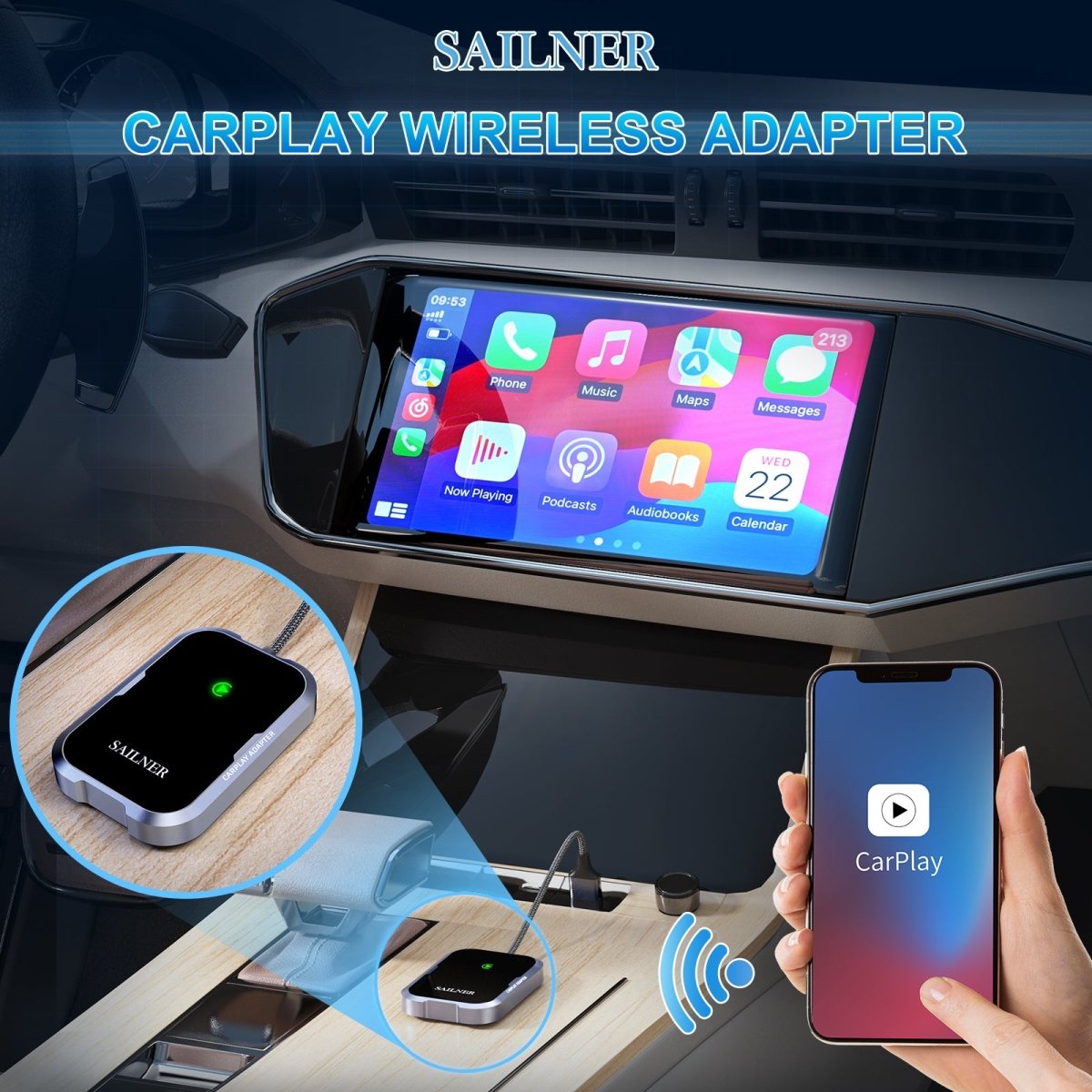 SAILNER Wireless CarPlay Adapter - Convert Wired Apple CarPlay to Wireless, Compatible with iPhone, Suitable for Various Car Models - Linford Office:Printer Ink & Toner Cartridge